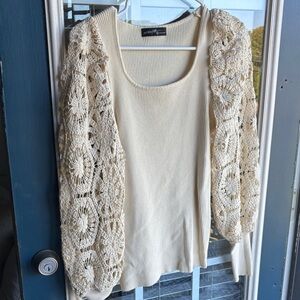 Elegant Cream Sweater with Lace Sleeves